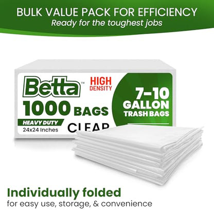 Betta 8-10 Gallon Medium Trash Bags, Clear, 1000 Count Box, (24x24-inch) Commercial Office Wastebasket Garbage Can Liners, 7-10 Gallon Round Cans, 6-8 Gallon Slim and Square Cans