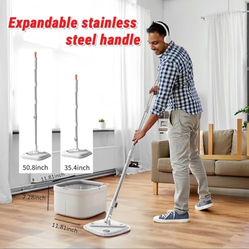 Spin Mop and Bucket Set with Self Separation System 360° Spinning Self-Wringing, Square Clean Mop and Bucket with Wringer-with Replaceable Mop (Light Grey Mop and Bucket Set 6pads)
