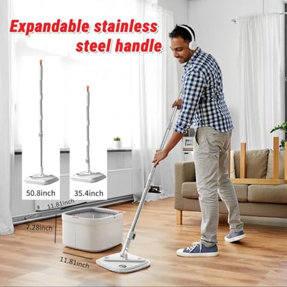 Spin Mop and Bucket Set with Self Separation System 360° Spinning Self-Wringing, Square Clean Mop and Bucket with Wringer-with Replaceable Mop (Light Grey Mop and Bucket Set 6pads)