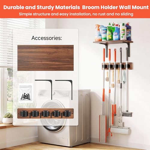 Broom Holder Wall Mount with Wooden Shelf, Rustic Wood Broom Hanger with 5 Racks&4 Hooks,Laundry Room Organization and Storage, Utility Storage Rack for Laundry Room, Garage, Kitchen, Closet. - size: 16.9"Small