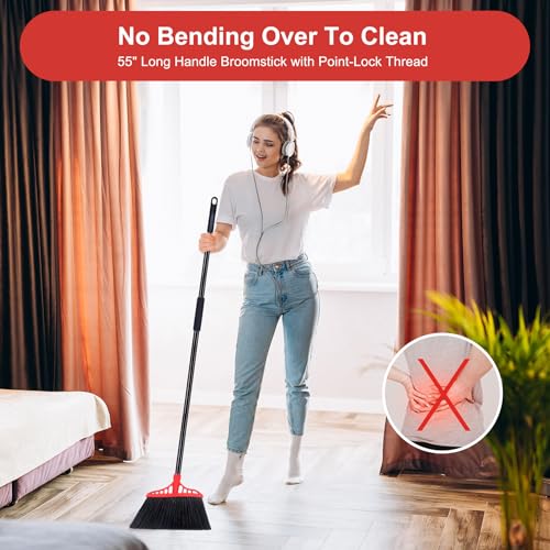 Tiumso Heavy Duty Angle Broom - 55" Adjustable Iron Handle with Stiff Bristles - Commercial-Grade Indoor/Outdoor Broom for Garage, Patio, Kitchen, Sidewalk & Concrete Cleaning (Black & Red) - color: Black and Red