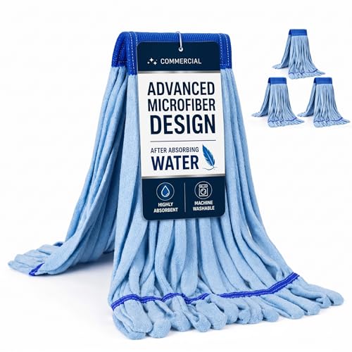 Microfiber Mop Head Replacement, Heavy Duty Commercial Tube Wet Mop Head Refill, Lightweight Fast Drying Washable Reusable Looped End for Floor Cleaning, Restaurants Industrial 3-Pack, Blue, Large - color: Blue, size: Large