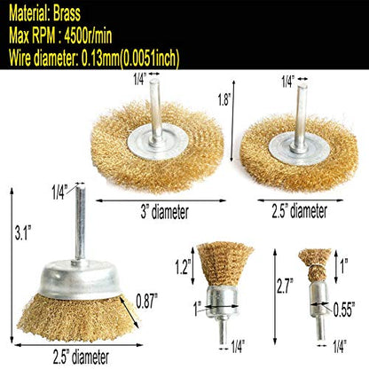 FPPO 5pcs Brass Wire Wheel Brush Kit for Drill,Crimped Cup Brush with 1/4-Inch Shank ,0.13mm True Brass Wire,Soft Enough to Cleaning or Deburring with Less Scrach