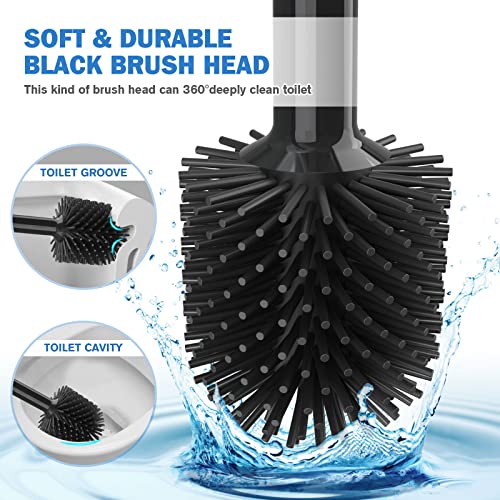 Toilet Plunger and Brush Set, Silicone Toilet Brush and Plunger with Holder for 5.7-inch Toilet Drain, 2-in-1 Toilet Brush Plunger Combo with Caddy Stand (Black)