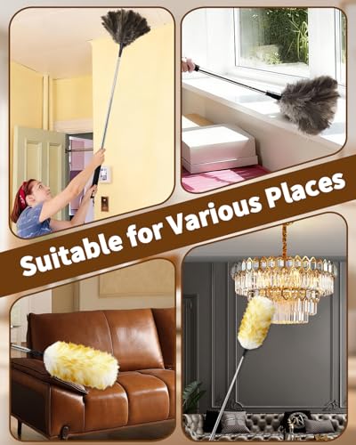 Extendable Ostrich Feather Duster with Bonus Wool Feather Duster Head - Natural Fluffy Non-Slip Handle Feathers Dusters for Cleaning Ceiling Fans, Blinds, Roof Dusting, High Surfaces (18-48 in) - color: Ostrich Feather Color+wool Color