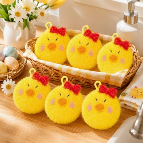 Breling 6 Pieces Chick Shape Dish Sponge Dual Sided Non Scratch Dish Washing Scrubbers, Reusable Household Cleaning Kitchen Tools for Dishwashing Washing Dishes Cookware - style: Chicken