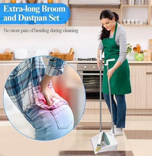 Broom and Dustpan Set 50" Long Handle Foldable Stand Up Broom and Dustpan with Comb Teeth for Indoor & Outdoor Sweeping Home Dog Cat Pets (White) - color: White