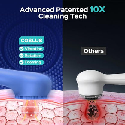 COSLUS FBS03 Face Scrubber Facial Cleansing Brush: 2 in 1 Spin and Vibration Patented, Silicone Electric Exfoliator Scrubber with Automatic Foaming, Waterproof Face Cleanser Brush for Men and Women - color: Dark Blue