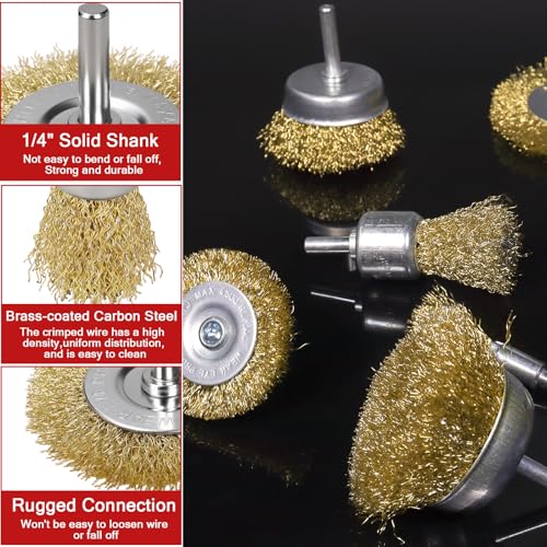 11 Pcs Wire Brush Drill Attachments-Wire Wheel for Drill Set Carbon Steel Cup & End Brushes with Soft Bristles for Metal Stripping,Rust & Paint Removal,Die Grinder Accessories,1/4" Shank