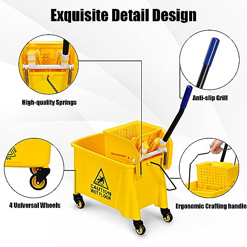Goplus Commercial Mop Bucket with Wringer, Household Portable Mop Bucket, Ideal for Household and Public Places Floor, 21 Quart Capacity, Yellow (21 Quart)