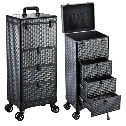 Yueieoun Salon Cart with 3 Drawers, Nail Trolley Cart with Wheels Salon Station Rolling Makeup Train Case Cosmetology Case Organizer Cases for Nail Tech,SPA,Face Painting,Hairstylist,Makeup Artist - color: Black