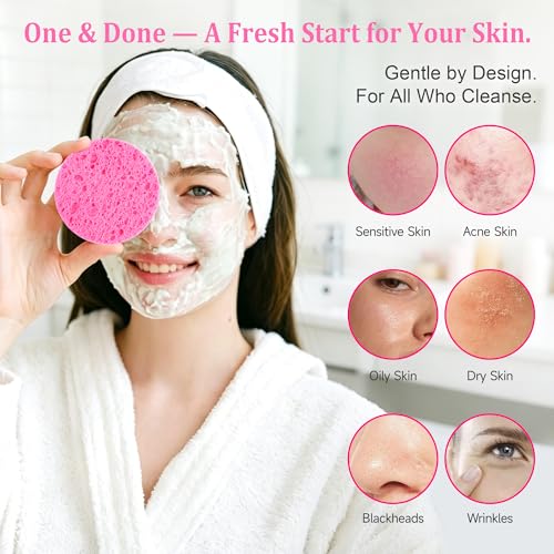 3.15in Large Compressed Facial Sponges 60 Pcs, 100% Natural Cellulose Face Sponges for Cleansing, Gentle Exfoliating, Makeup & Mask Removal, Spa Skincare, Travel Essentials for Women (Pink, Reusable) - color: Pink