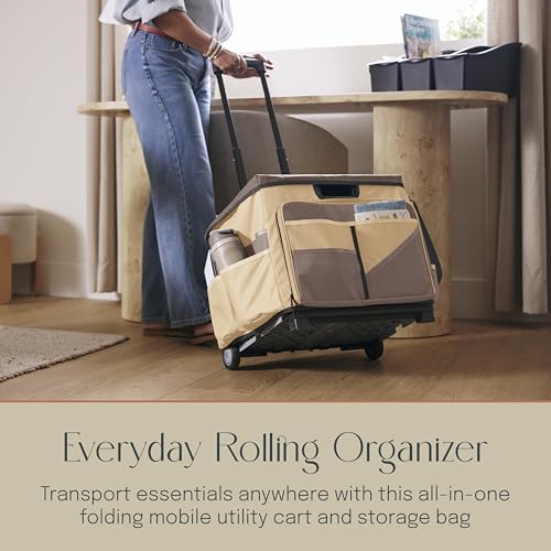Mobile Folding Utility Cart with Canvas Storage Organizer Bag, Rolling Cart, Chocolate/Sand - color: Chocolate/Sand