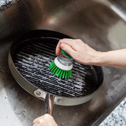Soap Dispensing Palm Scrub Brush - Made in The USA - Heavy Duty Kitchen Dish Scrubber with Ergonomic Non-Slip Grip for Dishes, Pots, Pans, and Sink Cleaning