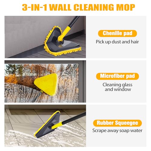 Newly Upgraded Wall Mop with 82 Inches Long Handle, 180° Folding Wall Cleaner Triangle Mop with Squeegee, 3-in-1 Ceiling Cleaning Tool with 6 Replacement Pads for Wall, Baseboards, Ceiling, Floor - color: Yellow