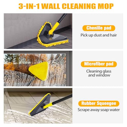 Newly Upgraded Wall Mop with 82 Inches Long Handle, 180° Folding Wall Cleaner Triangle Mop with Squeegee, 3-in-1 Ceiling Cleaning Tool with 6 Replacement Pads for Wall, Baseboards, Ceiling, Floor - color: Yellow