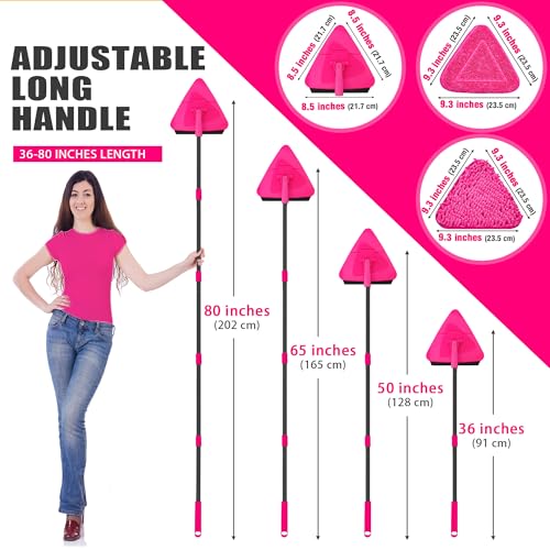 JEHONN Wall Mop with Long Handle 80 inches, Upgraded 180° Collapsible Baseboard Cleaner Tool with Squeegee, Ceiling Duster with 3 Microfiber and 3 Chenille Pads for Cleaning Window, Cabinet (Rose Red) - color: Rose Red