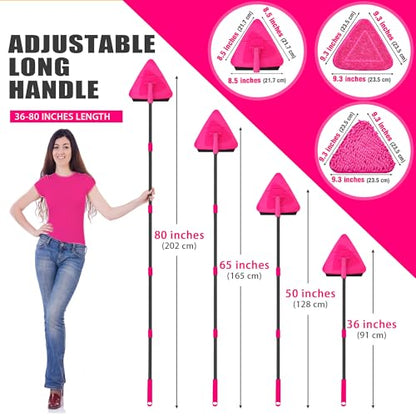 JEHONN Wall Mop with Long Handle 80 inches, Upgraded 180° Collapsible Baseboard Cleaner Tool with Squeegee, Ceiling Duster with 3 Microfiber and 3 Chenille Pads for Cleaning Window, Cabinet (Rose Red) - color: Rose Red