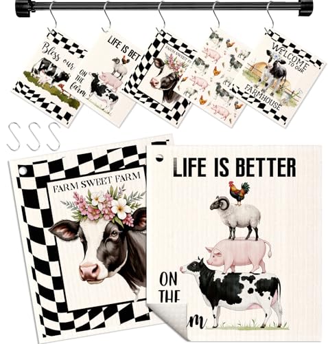 Miss Adola Swedish Dishcloths for Kitchen with Hooks - Reusable Dish Cloths for Washing Dishes Fast Drying Cute Fun 5 Pack Swedish Dish Towels Washable Cleaning Sponge, Black White Farm - color: Black White Farm