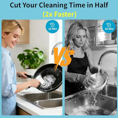 Electric Dish Scrubber, Mini Cordless Kitchen Cleaning Brush with 4 Replaceable Heads, 20W High-Torque Dual Speed, IPX7 Waterproof LED Display 90-120 Mins Runtime (ECB-S3) - size: S3 Mini