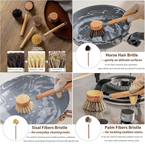 Bamboo Dish Brush with Handle, 1 Sturdy Wooden Handle with 3 Natural Bristle Heads, Horsehair, Sisal, Palm - All Purpose Kitchen Scrubber, Bamboo Wok Brush, Fruit and Veggie Scrubber