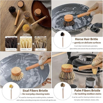 Bamboo Dish Brush with Handle, 1 Sturdy Wooden Handle with 3 Natural Bristle Heads, Horsehair, Sisal, Palm - All Purpose Kitchen Scrubber, Bamboo Wok Brush, Fruit and Veggie Scrubber
