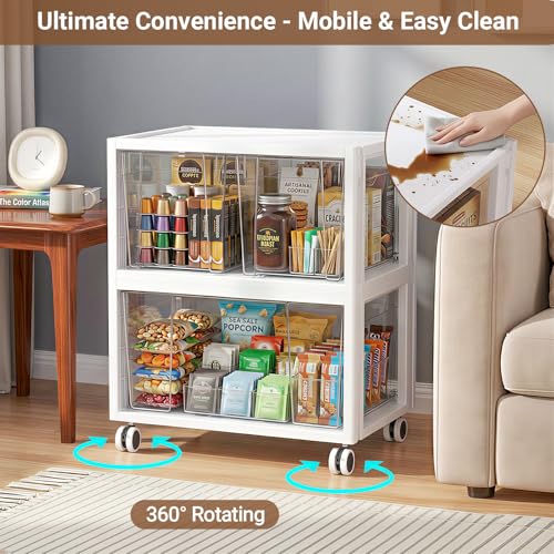 Extra Large Storage Drawer Cart with Wheels, Stackable Storage Boxes 2 Tier-2 Drawer Clear Plastic Organizer Container Rolling Cabinet for Art Crafts Supplies Under Desk Home Office Bedroom Bathroom