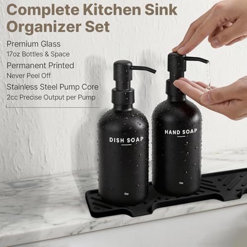 Kitchen Soap Dispenser Set, Kitchen Sink Organizer with Self Draining Silicone Tray, 2 x 17oz Glass Soap Dispensers, Stainless Steel Pumps, Bamboo Brush & Sisal Sponge - Black - color: Black Bottle + Black Pump