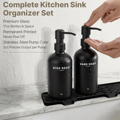 Kitchen Soap Dispenser Set, Kitchen Sink Organizer with Self Draining Silicone Tray, 2 x 17oz Glass Soap Dispensers, Stainless Steel Pumps, Bamboo Brush & Sisal Sponge - Black - color: Black Bottle + Black Pump