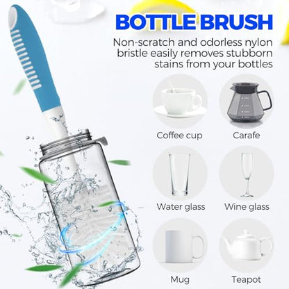 Holikme 6 Pack Dish Brush Set with Bottle Brush, Dish Scrub Brush, Pan Brush and 3 Straw Brushes, Deep Cleaning Handle Brush with Scraper Tip for Kitchen Sink Dishes Bottle Cup Pot and Pans (Azul) - color: Azul