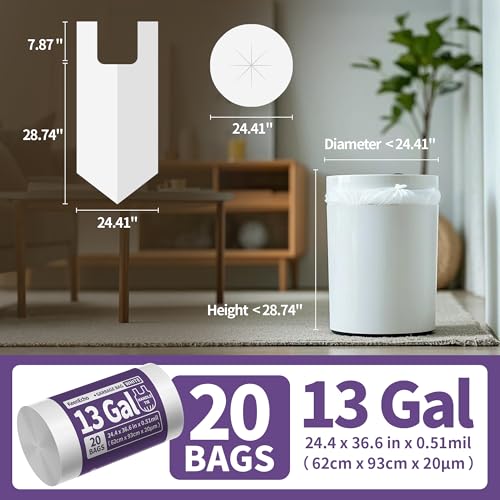 Small Trash Bags with Handles - Ocean Plastic Upcycling - Plastic Garbage Bags, Can Bin & Waste Basket Liner for Kitchen, Bathroom, Office and Pets, 13 Gallon 20 Count White - color: 13Gal White, size: 1 ROLL