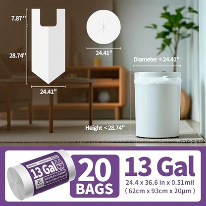 Small Trash Bags with Handles - Ocean Plastic Upcycling - Plastic Garbage Bags, Can Bin & Waste Basket Liner for Kitchen, Bathroom, Office and Pets, 13 Gallon 20 Count White - color: 13Gal White, size: 1 ROLL