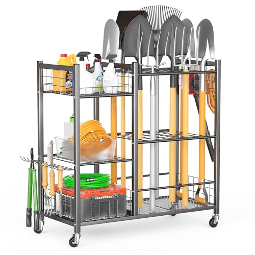 Ultrawall Garden Tool Organizer with Lockable Wheels, Yard Tool Storage Rack for Garage, Garden Tool Stand for Rake, Brooms, Indoor & Outdoor Use - size: Large