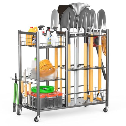 Ultrawall Garden Tool Organizer with Lockable Wheels, Yard Tool Storage Rack for Garage, Garden Tool Stand for Rake, Brooms, Indoor & Outdoor Use - size: Large