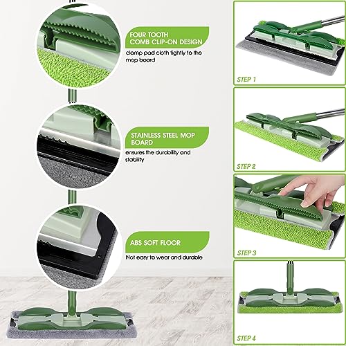 MASTERTOP Microfiber Mop - Flat Floor Mops Wet Dry Dust Mop with 4 Washable Pads & 52.4'' Stainless Steel Handle for Hardwood Laminate Tile Floor Cleaning - color: Green