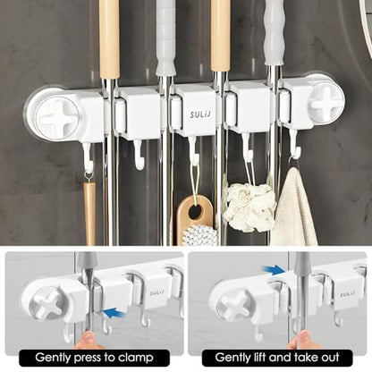 Broom Holder Wall Mount Sturdy Mop and Broom Organizer with 4 Racks and 5 Hooks Vacuum Suction Cup Broom Mop Holder for Home, kitchen, Garden, Tools, Garage - color: white