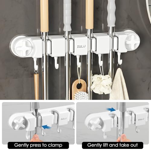 Broom Holder Wall Mount Sturdy Mop and Broom Organizer with 4 Racks and 5 Hooks Vacuum Suction Cup Broom Mop Holder for Home, kitchen, Garden, Tools, Garage - color: white