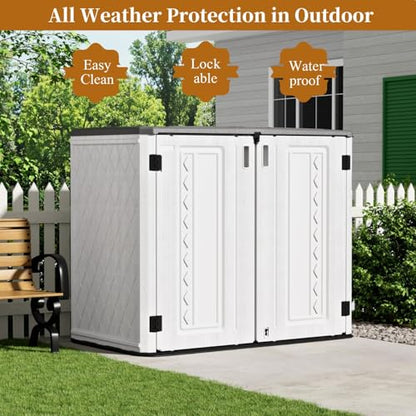 ZZM 4x3FT Heavy-Duty Outdoor Storage Shed | 34 Cu.Ft Waterproof Resin Cabinet with Double-Wall | UV-Resistant & Lockable for Garden Tools, Bikes, Patio Furniture (Wood Grain Texture) - color: White-34 cu ft