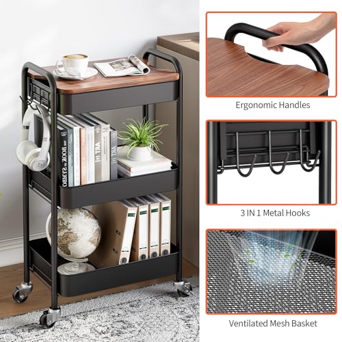 TOOLF 3-Tier Rolling Cart with Table Top, Metal Storage Cart on Wheels, Utility Organizer with Wooden Tray, Lockable Casters, Easy Assembly for Bathroom, Living Room, Office, Kitchen, Black - color: Black