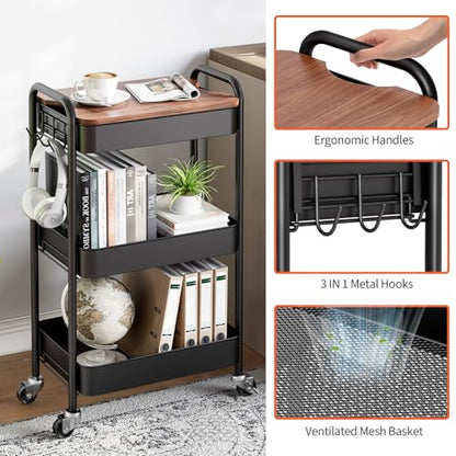 TOOLF 3-Tier Rolling Cart with Table Top, Metal Storage Cart on Wheels, Utility Organizer with Wooden Tray, Lockable Casters, Easy Assembly for Bathroom, Living Room, Office, Kitchen, Black - color: Black