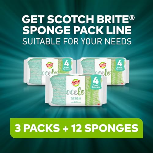 Scotch-Brite ocelo Non-Scratch Scrub Sponges, Assorted Designs, Scratch-Free for Nonstick Cookware & Dishes, Kitchen & Bathroom Use, Reusable Multi-Surface Cleaning Sponges (12 Count (Pack of 3)) - size: 3 packs of 4