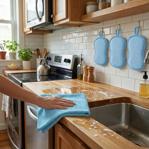 6Pcs Microfiber Cleaning Cloths & Sponges Set - 3Pcs Absorbent Towels + 3Pcs Dual-Sided Scrub Sponges - for Kitchen, Car, Bathroom, Dishes and Hard Surfaces(Blue) - color: Blue