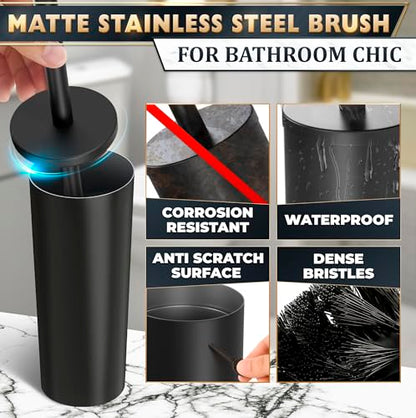 Black Toilet Brush and Holder Set - Scratch Resistant Black Toilet Bowl Brush and Holder with Soft Bristles Replaceable Head, Protection from Splashes, and Compact Design - for Effective Cleaning - color: Black