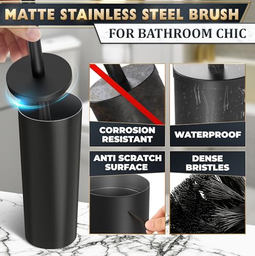 Black Toilet Brush and Holder Set - Scratch Resistant Black Toilet Bowl Brush and Holder with Soft Bristles Replaceable Head, Protection from Splashes, and Compact Design - for Effective Cleaning - color: Black