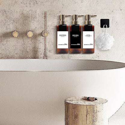 Shampoo Dispenser for Shower Wall, Shampoo and Conditioner Dispenser with 16 Waterproof Labels, No Drill Shower Soap Dispenser Bathroom, Shower Soap Dispenser Wall Mounted 3 Chamber, 17oz, Gold Amber - color: Amber Bottle + Gold Pump