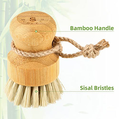 SUBEKYU Bamboo Dish Scrub Brushes for Kitchen, Cleaning Scrubber for Washing Cast Iron Pan/Pot, Natural Sisal Bristles, 1 Pack - color: Sisal Brush, 1p