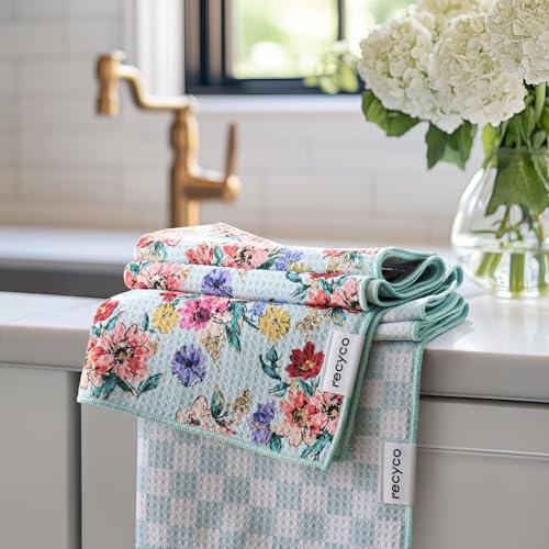 RECYCO Waffle Kitchen Towel Set of 2 - Quick Dry Microfiber Sustainable Dish Towels - Absorbent Reusable Cleaning Tea Towels - Lightweight Hand Towels,16”x 28”, Cuckoo Checker - color: Cuckoo Checker
