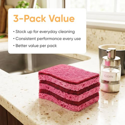Superio Non-Scratch Cellulose Sponge Kitchen Scrub Sponges with Scouring Pad Set, Good for Non-Stick Cookware Frying Pan, Pot, Counter Top, Sink Scrubbing, Kitchen Scrubbers, Pack of 3, RedPink - color: Red, size: 3-pack