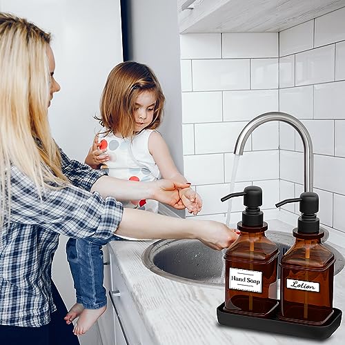LMQML Soap Dispenser - 2 Pack, Antique Design Thick Amber Glass Hand Soap Dispensers with Sturdy Tray; 304 Rust Proof Stainless Steel Black Pump, 12Pcs Stickers, for Kitchen, Bathroom- Black - color: Brushed-black