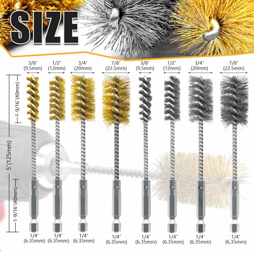 8 Pcs Bore Brush Set - 304 Stainless Steel & Brass Drill Wire Bore Cleaning Brushes with 1/4" Hex Shank for Power Drills Ports Tubes Bearings Cleaning Parts, 3/8'' 1/2'' 3/4'' 7/8''